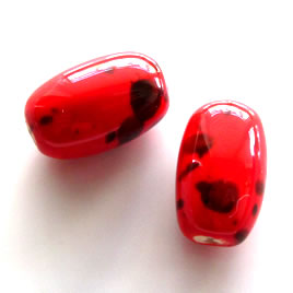 Bead, porcelain, 15x24mm, red, black. Pkg of 3