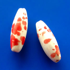 Bead, porcelain, 10x30mm oval, white, red. Pkg of 3.