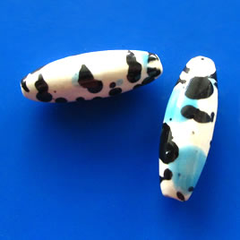 Bead, porcelain, blue, black and white, 10x30mm oval. Pkg of 3.