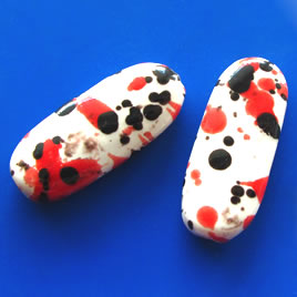 Bead, porcelain, 17x41x8mm long oval, white red black. Pkg of 2. - Click Image to Close