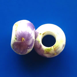 Bead,porcelain,9x14mm rondelle,purple flowers,large hole:5.5mm.4