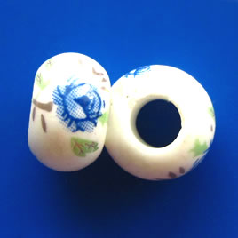 Bead,porcelain,9x14mm rondelle,blue flowers,large hole: 5.5mm. 4