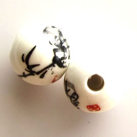 Bead, porcelain, 14mm round, Chinese paintings. Pkg of 4.