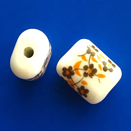 Bead, porcelain, 14x18x9mm, yellow brown flowers. Pkg of 4.