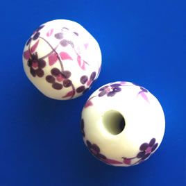 Bead, porcelain, 17mm round, purple flowers, large hole:4.5mm. 3