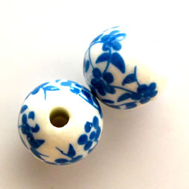Bead, porcelain, 9mm, blue flowers, hole:2.5mm. Pkg of 6