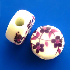 Bead, porcelain, 7x12mm flat round, purple flowers, hole: 3mm. 4