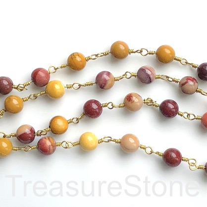 Rosary Chain,beaded, gold coloured brass link, 6mm mookaite,1 m