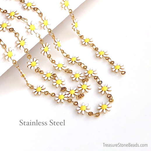 Chain, stainless steel, 7mm white daisy, enamel. 1 meter.
