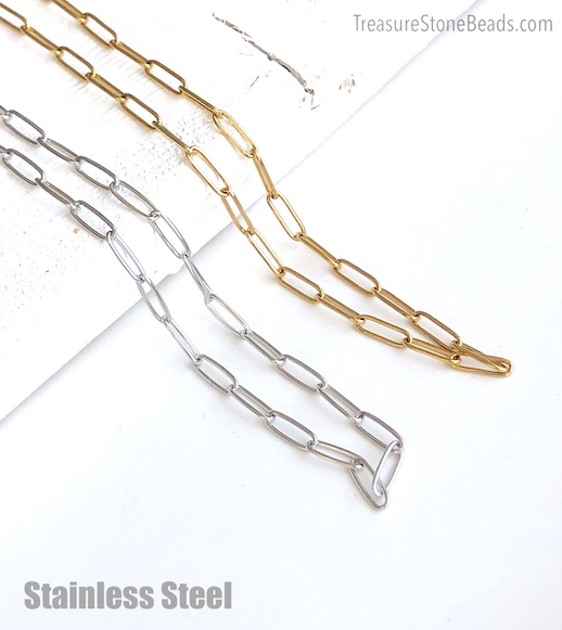 Chain, stainless steel, gold plated,3.5x9mm oval, paperclip. 1 m