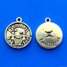 Charm/pendant, Zodiac Sign, Gemini, 17mm. Pkg of 6.