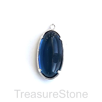 Charm, silver-plated, 11x22mm oval, blue glass. Each