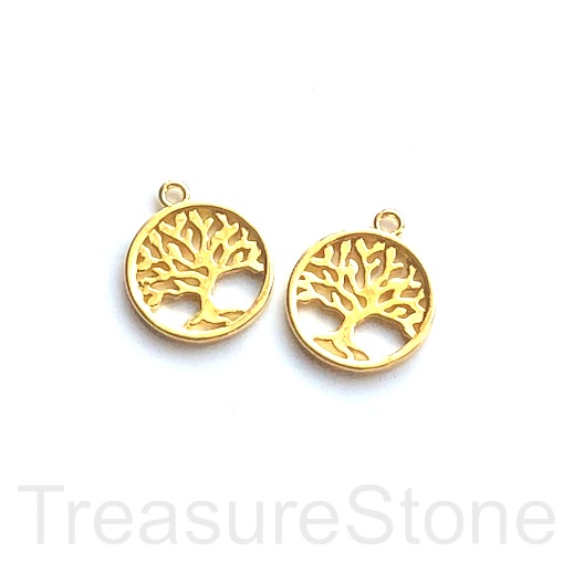 Charm,pendant, 15mm tree of life, gold plated brass. Ea