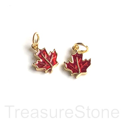 Charm, pendant, brass, 10mm maple leaf, gold, enamel red.Ea