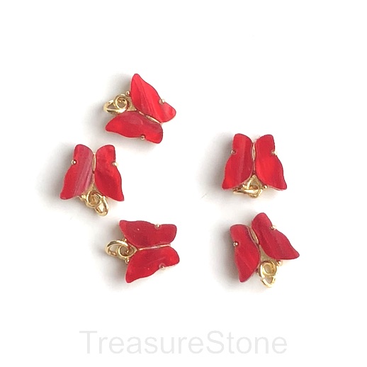 Brass charm, pendant, resin, 12x13mm gold red butterfly. Ea
