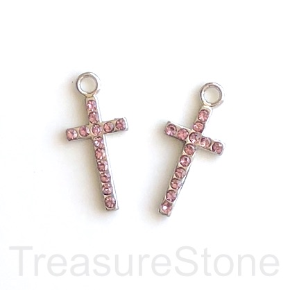 Pendant, silver-plated, pink crystals, 12x22mm cross. each