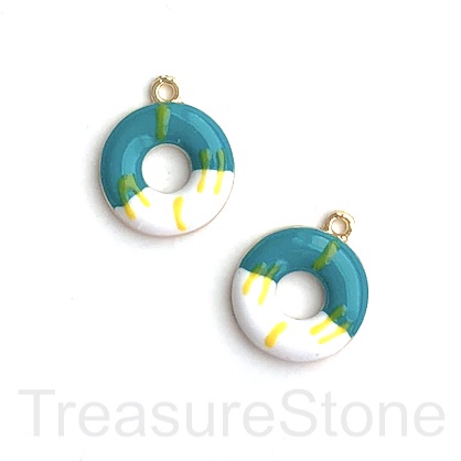 Charm, pendant, 17mm turquoise white donut. pack of 2.