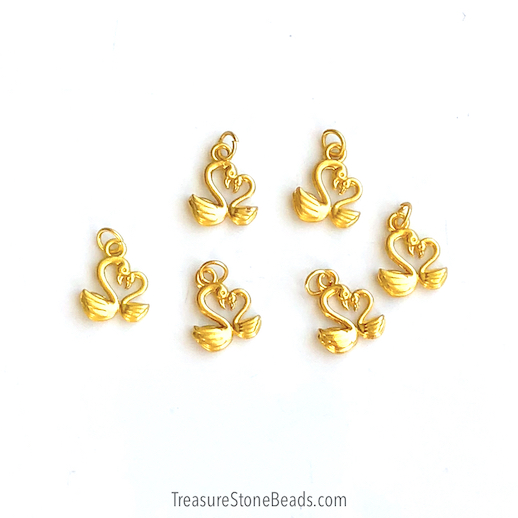Brass Charm, pendant, 13mm gold double swan, matte.2pc