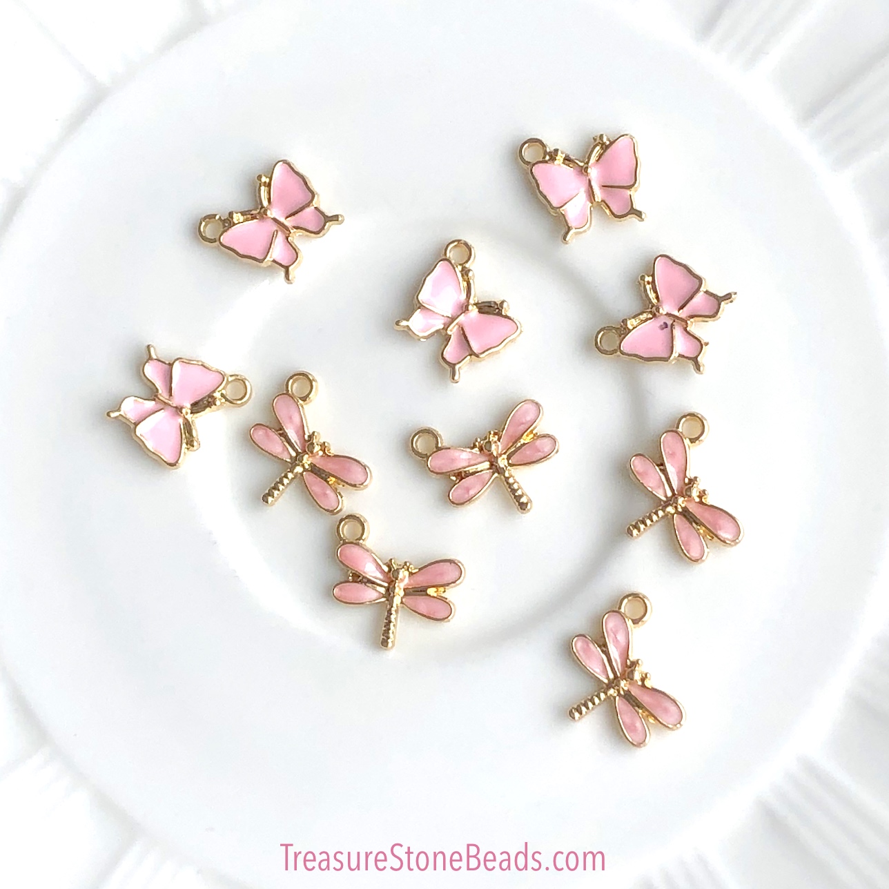 Charm / Pendant, 15x12mm pink dragonfly, gold, Enamel. pack of 3