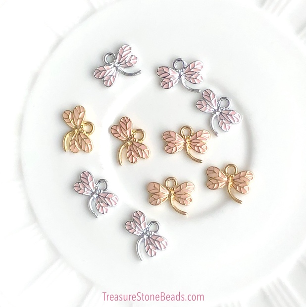 Charm / Pendant, 17x11mm pink dragonfly,silver, Enamel.pack of 3