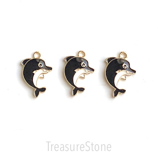 Charm / Pendant, dolphin, 16x20mm black gold, Enamel. pack of 3 - Click Image to Close