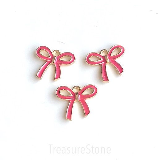 Charm, Pendant, 16x18mm pink ribbon, Enamel, pink, gold. 3pcs