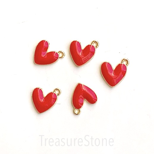 Charm, pendant, 14mm gold red heart, Enamel. 3pcs