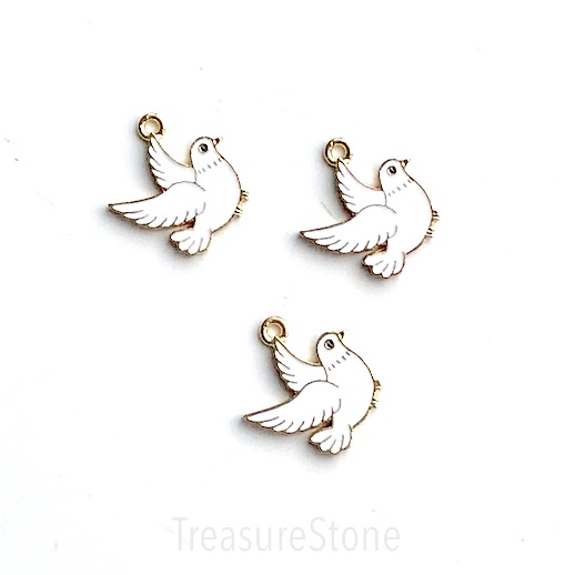 Charm, pendant, 18mm gold white dove bird, Enamel. 3pcs