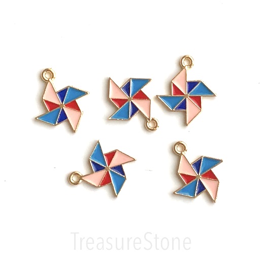 Charm, pendant, 18mm blue pink red windmill, Enamel. 3pcs - Click Image to Close