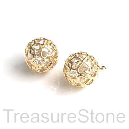 Charm, 10mm, gold plated brass cage 2, CZ, filigree. Ea