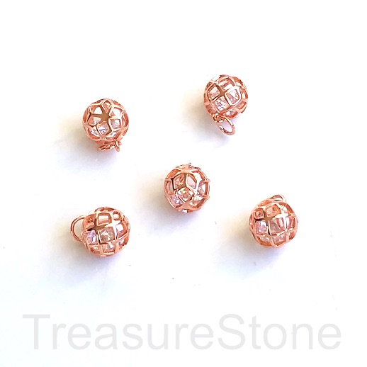 Charm, 10mm, rose gold plated brass cage 3, CZ, filigree. Ea