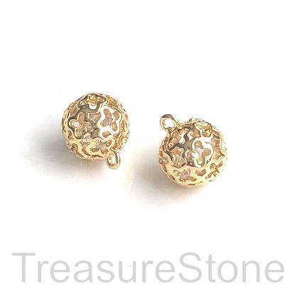 Charm, 8mm, gold plated brass cage 4, CZ, filigree. Ea