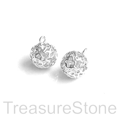 Charm, 8mm, silver plated brass cage 4, CZ, filigree. Ea