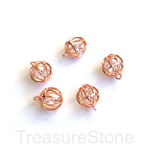 Charm, 10mm, rose gold plated brass cage 5, CZ, filigree. Ea