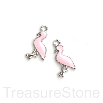 Charm, pendant, 9x16mm light pink silver flamingo. pack of 4.