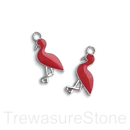 Charm, pendant, 9x16mm red silver flamingo. pack of 4.