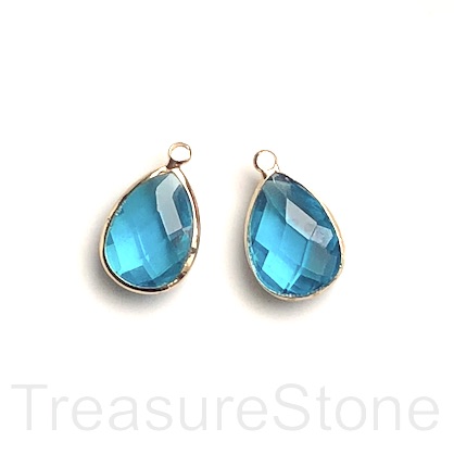 Charm, pendant, glass, 14x18mm blue faceted teardrop. Pack of 3