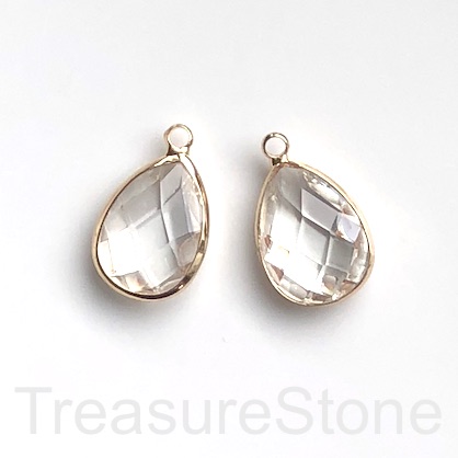 Charm, pendant, glass, 14x18mm clear faceted teardrop. Pack of 3
