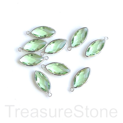 Charm, pendant, glass, 8x15mm green, silver faceted eye.3pc