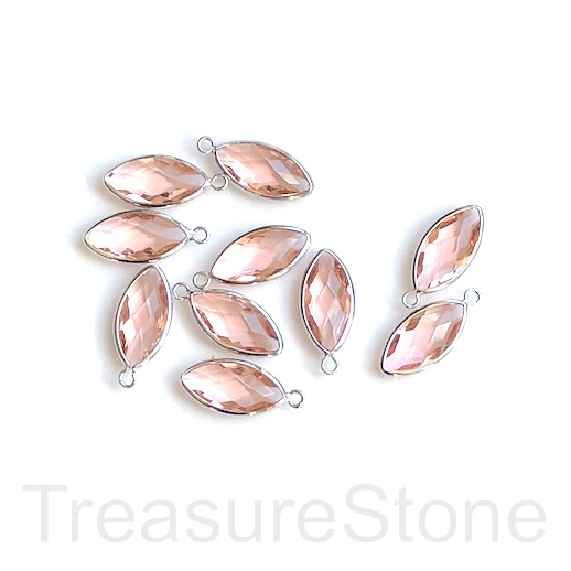 Charm, pendant, glass, 8x15mm peach pink, silver faceted eye.3pc