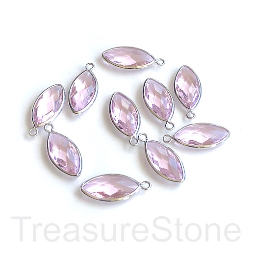 Charm, pendant, glass, 8x15mm pink, silver faceted eye.3pc