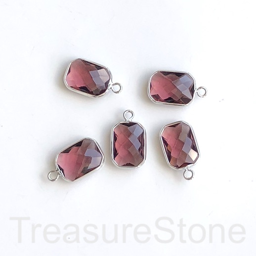 Charm,pendant,glass, 12x16mm purple,silver faceted rectangle.3pc