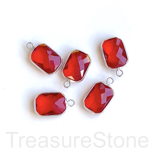 Charm, pendant, glass, 12x16mm red, silver faceted rectangle.3pc