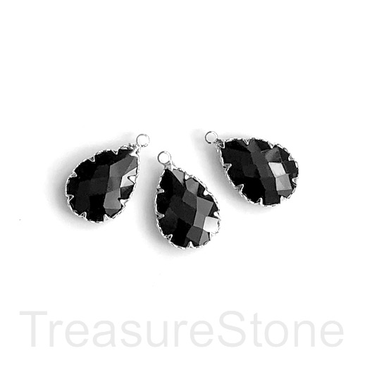 Charm, pendant, glass, 14x18mm black,silver faceted teardrop. ea - Click Image to Close