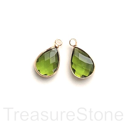 Charm, pendant,glass, 10x15mm olive green faceted teardrop.3pcs