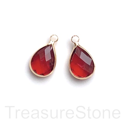 Charm, pendant, glass, 10x15mm red faceted teardrop. Pack of 3