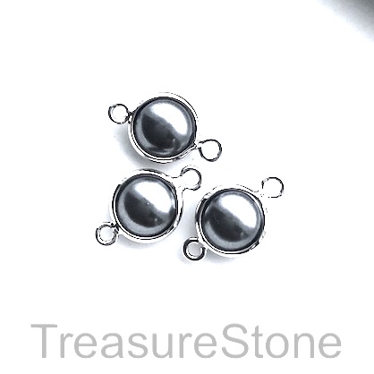 Charm, connector, silver-plated, 8mm, grey glass pearl, 3pcs