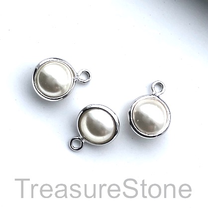 Charm, silver-plated, 8mm, white glass pearl, 3pcs