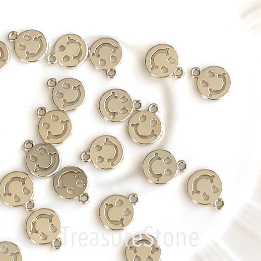 Charm/Pendant, light gold, 11mm happy face. Pack of 7