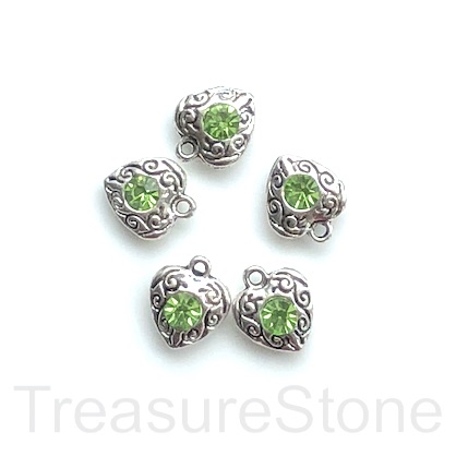 Charm, Pendant, 10mm heart, green crystal. Pack of 3.